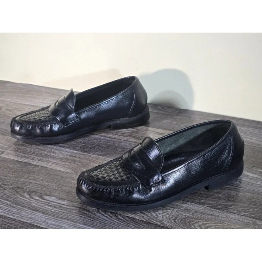 George‎ Men's Leather Slip-On Loafers US 8.5W Black Penny Loafer Woven Toe